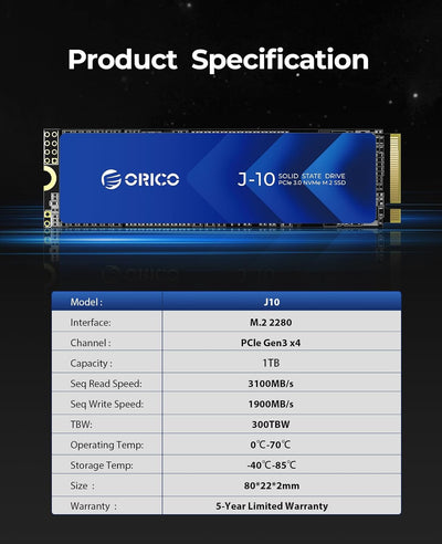 ORICO NVMe M.2 SSD 1TB PCIe Gen3.0x4, bis zu 3100 MB/s, 3D NAND Interne SSD mit Kühlkörper, Internes