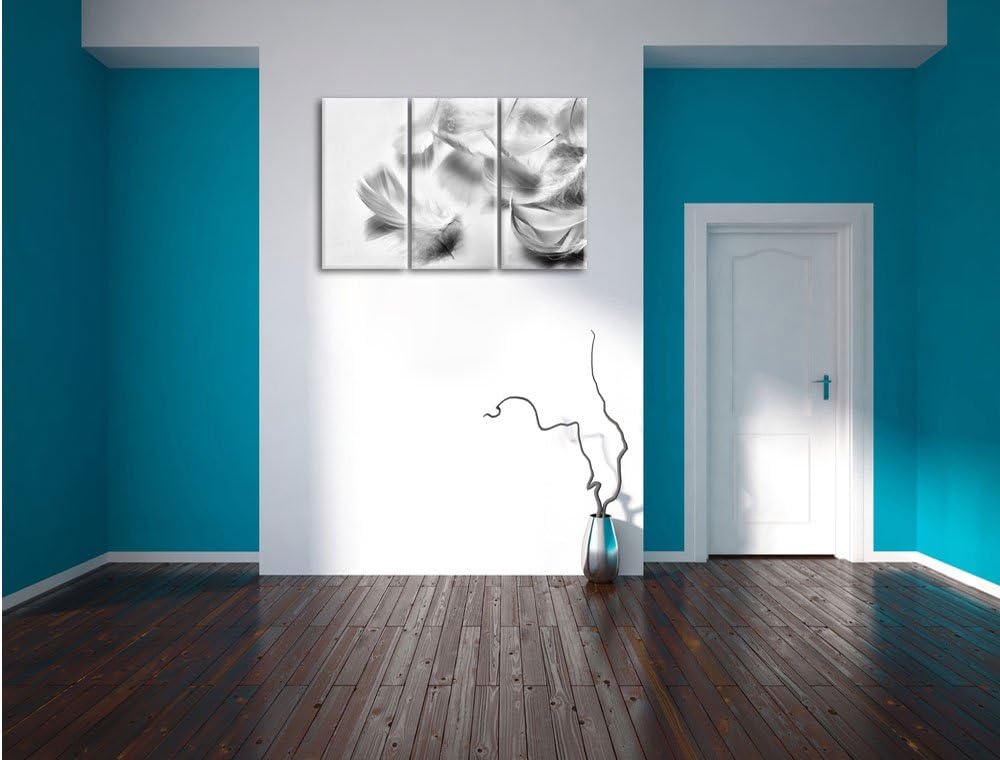 Pixxprint Weisse Feder auf schwarzem Stein als Leinwandbild/Grösse: 3 Teilig (120x80) cm/Wandbild/Ku