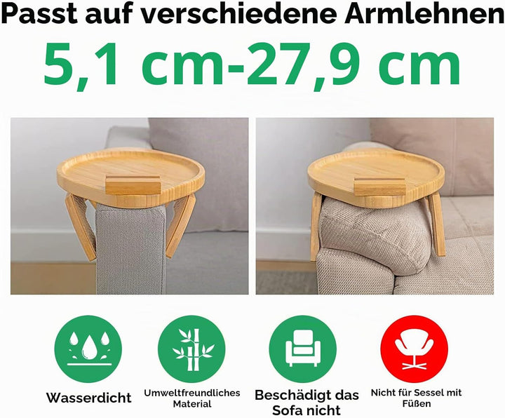 Sofa Armlehne Tablett Faltbarer mit 360° Drehbarer Handyhalterung Holz Bambus Sofa-Armlehne Tragbare