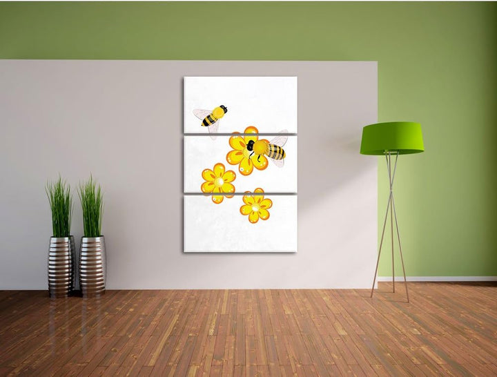 Pixxprint hübsche Bienen mit Blumen als Leinwandbild/Grösse: 3 Teilig (120x80) cm/Wandbild/Kunstdruc