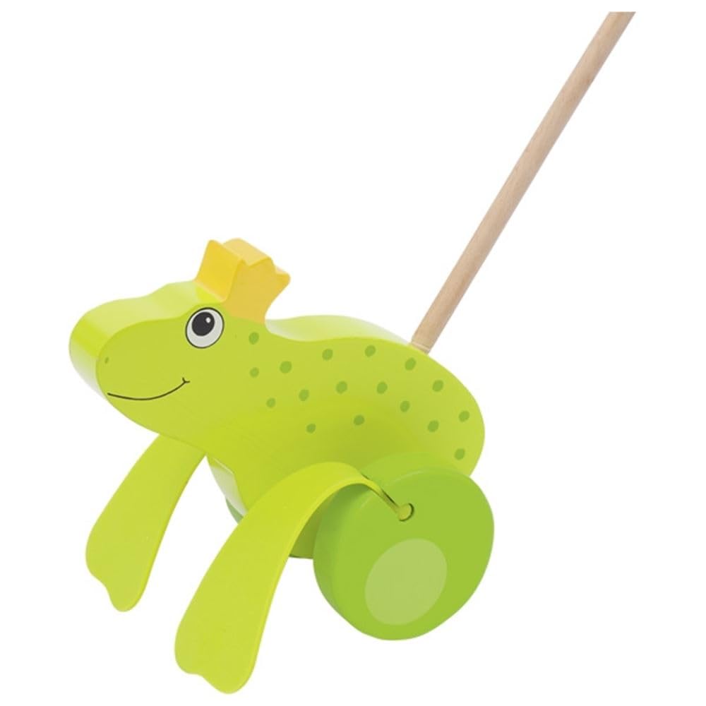 goki 54938 Schiebetier Froschkönig aus Holz mit Watschelgang, Krone & Schiebestab – kindgerechtes La