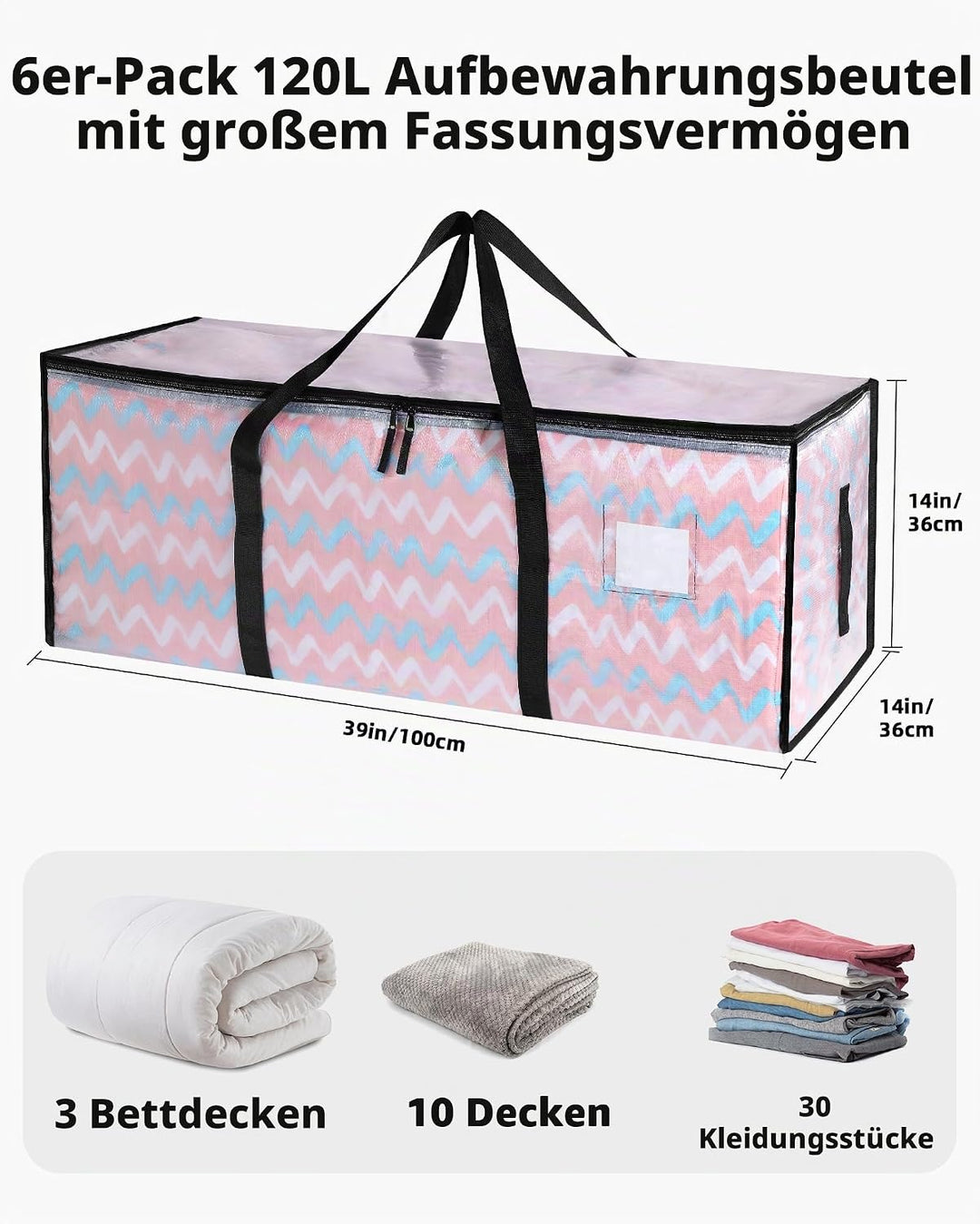 JOJOSEE 6 Stück 120L Aufbewahrungstasche, Grosse Transparente Umzugstaschen mit Reissverschluss Grif
