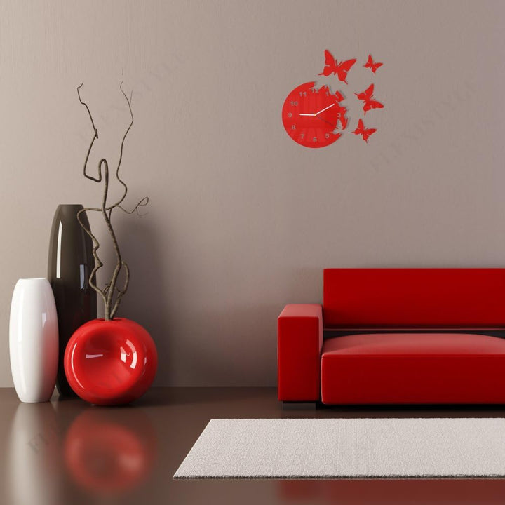Grosse moderne Wanduhr Schmetterling Rot rund 30cm, 3d DIY, Wohnzimmer, Schlafzimmer, Kinderzimmer,