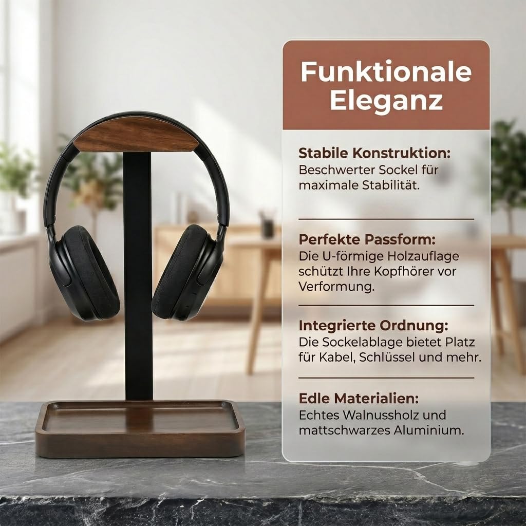 Kopfhörer Ständer für Schreibtisch - Aus massivem Holz und Aluminium, Gaming Headset Ständer mit Tab