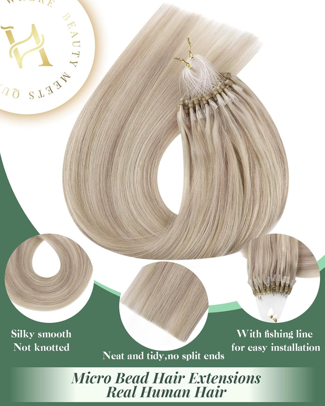 Ugeat Aschblond mit Gebleichtes Blond Haarverlängerung Microring Echthaar Extensions 40cm Micro Loop