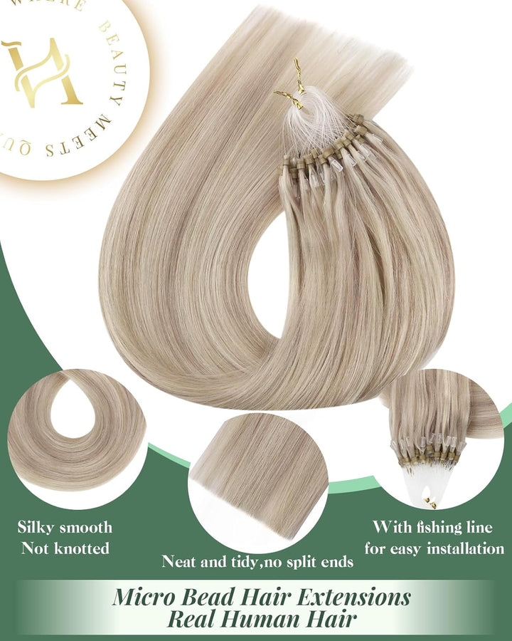Ugeat Aschblond mit Gebleichtes Blond Haarverlängerung Microring Echthaar Extensions 40cm Micro Loop