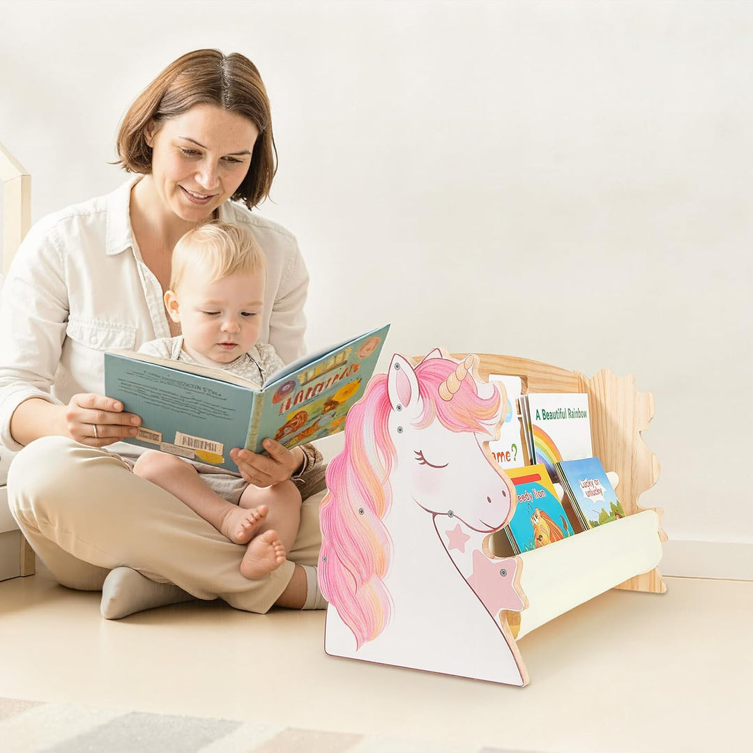 MHJY Bücherregal Kinder, doppelseitiges Holzregal mit robusten Canvas-Taschen, Montessori Stil, trag