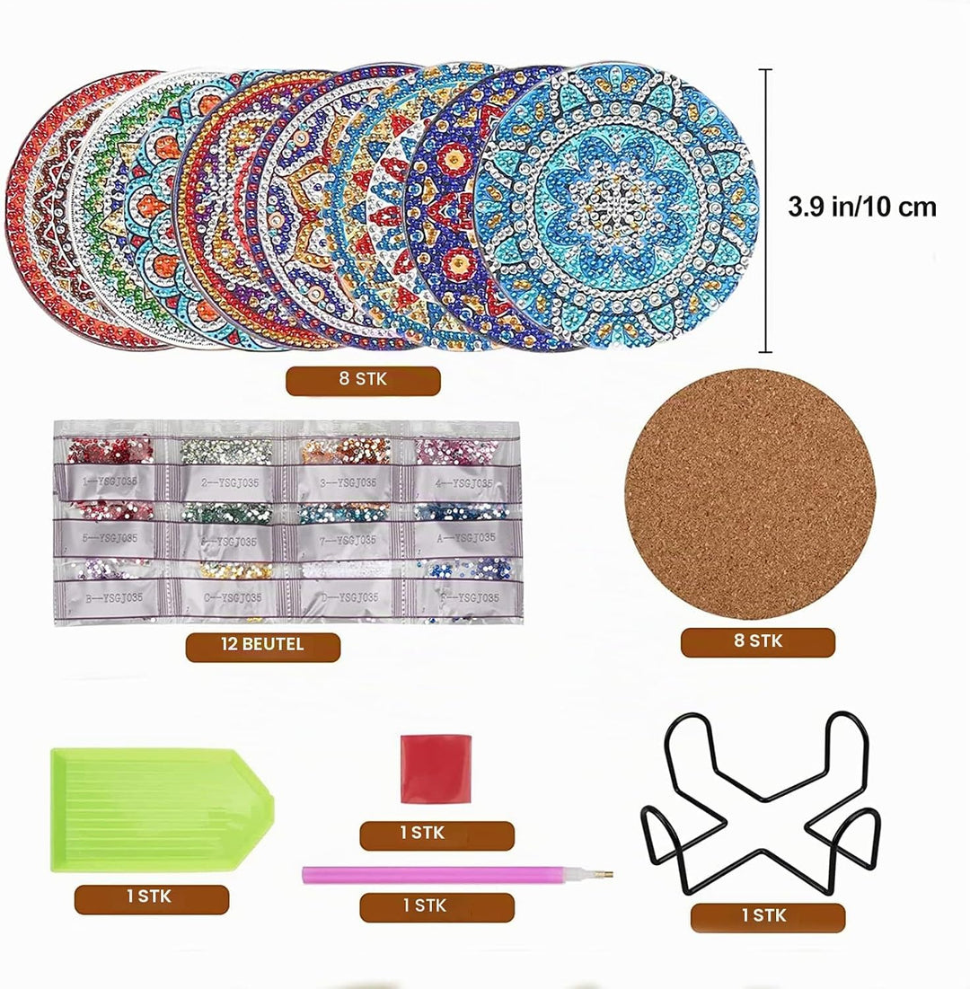 8 Pack Diamond Painting Untersetzer mit Halter, Wiederverwendbare Glasuntersetzer, DIY Mandala Tasse