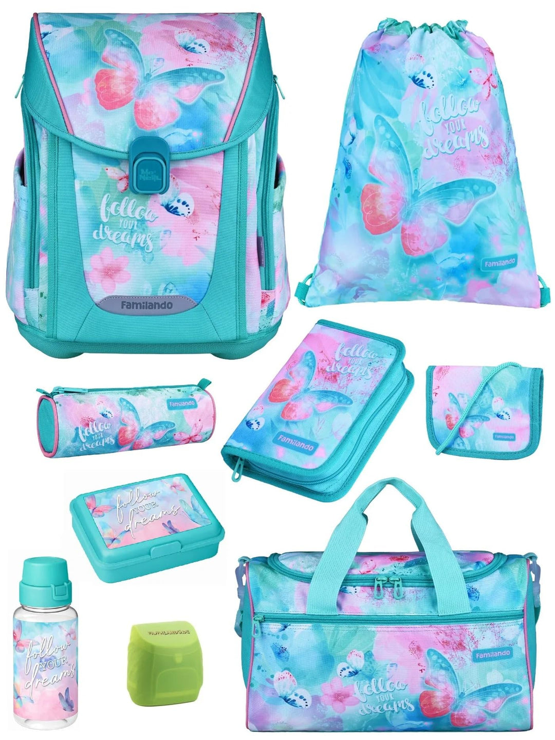Familando - Premium Schulranzen Set - 9-teilig mit Lunch-Set - Butterfly (Schmetterlinge) - Ergonomi