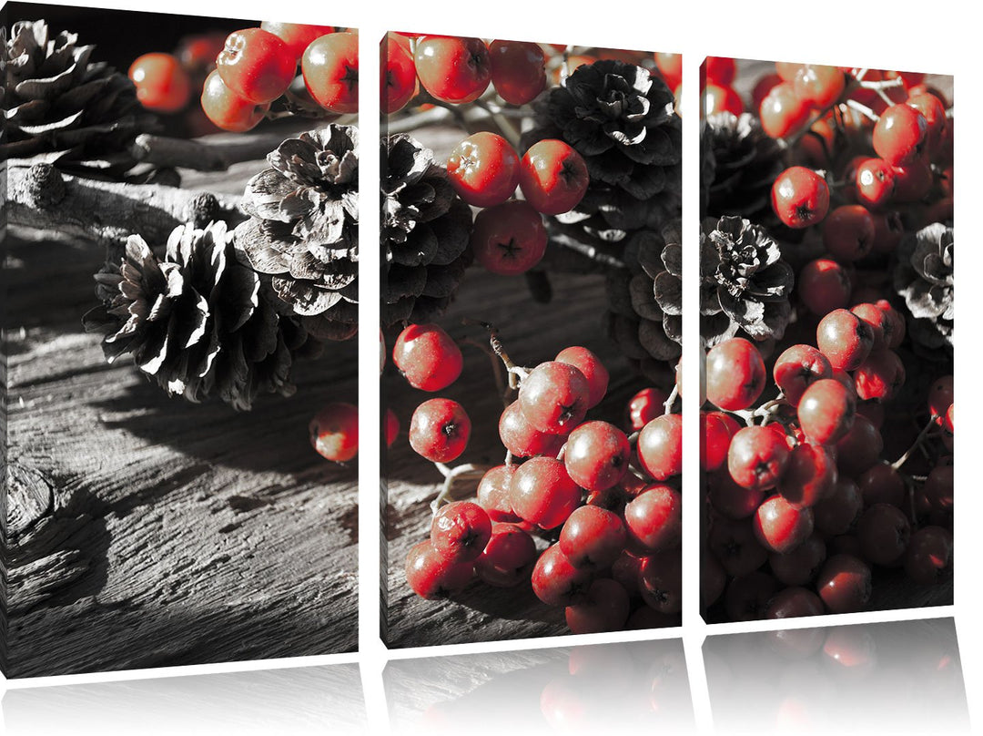 Pixxprint Vogelbeeren und Tannenzapfen als Leinwandbild/Grösse: 3 Teilig (120x80 cm) cm/Wandbild/Kun