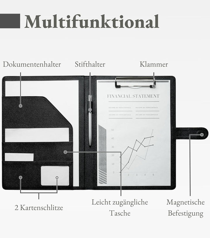 Mymazn Klemmbrett A4 mit Deckel, Mappe A4 Schreibmappe Klemmbrettmappe in Schwarz, PU-Leder Konferen