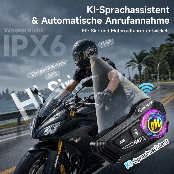 Moman Motorrad Intercom Headset, H4P Motorradhelm Kopfhörer BT5.1 mit Hi-Fi LautsprechernDoppelte Ge