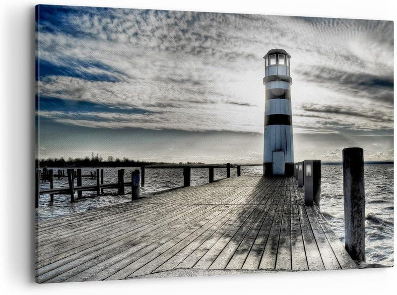 Bilder auf Leinwand 100x70cm Leinwandbild See Leuchtturm Holzbrücke Wasser Gross Wanddeko Bild Schla