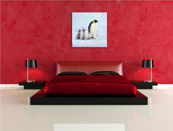 4 Kaiserpinguine im Schnee, Format: 70x70 auf Leinwand, XXL riesige Bilder fertig gerahmt mit Keilra