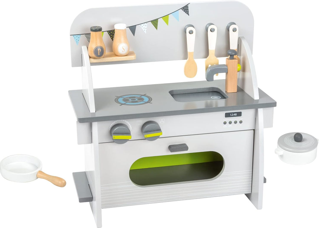 small foot Kinderküche "Kompakt" aus Holz, mit Backofen, Drehknöpfen, Topf, Pfanne und Küchenhelfer,