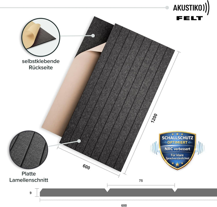 AKUSTIKO Akustikpaneele Selbstklebend 120x60cm - 4 Stück Graphit Akustik Wandpaneele Schallschutz &