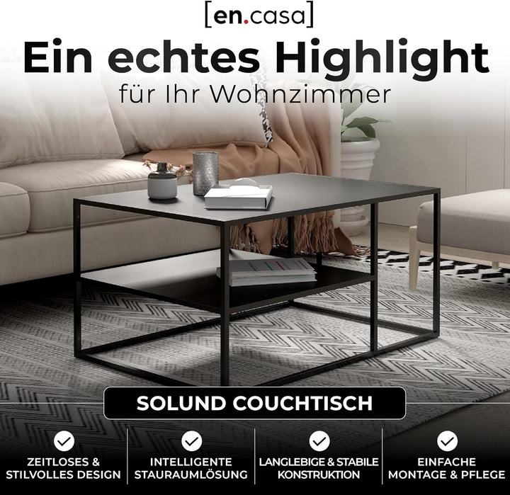 [en.casa] Couchtisch Solund Beistelltisch Metall Schwarz matt Wohnzimmertisch mit Stauraum 45 x 90 x