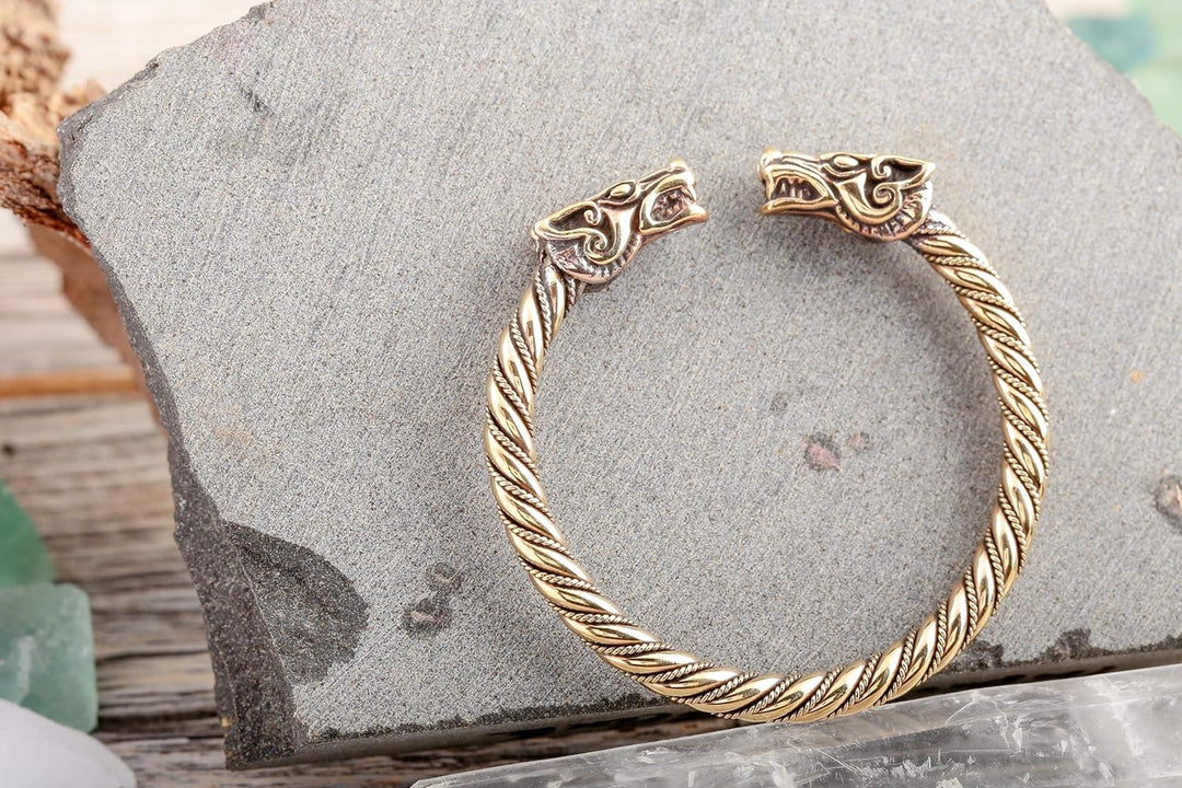 Windalf Wikinger Damen Bronze Armreif DRACON 5.7 cm gekordelter Drachen Armschmuck Handgeschmiedet