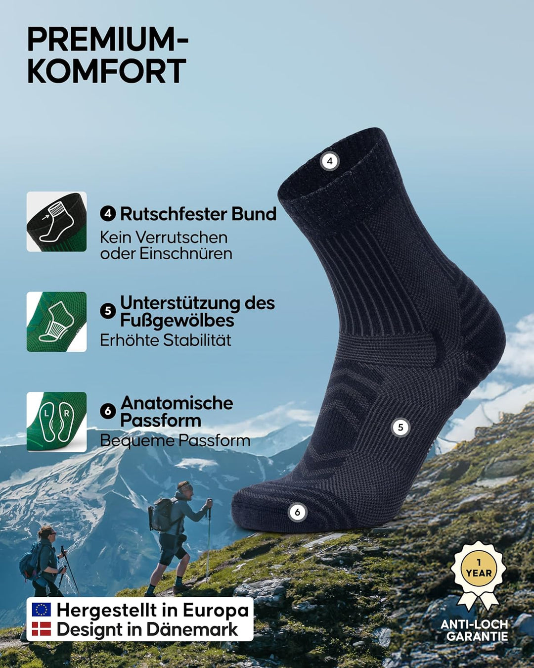 DANISH ENDURANCE Leichte Merino Wolle Wandersocken, Warme Wollsocken, Thermo Merino Socken, Gepolste