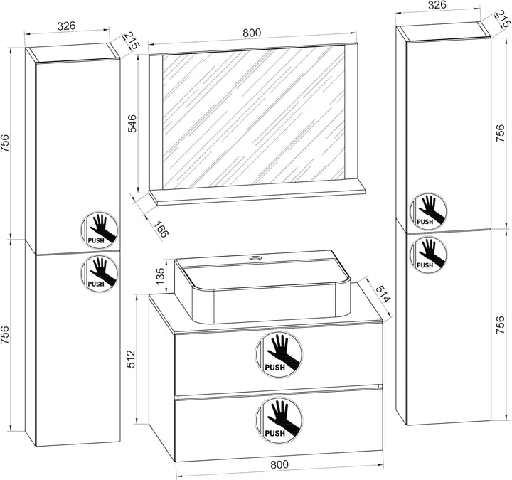 VCM 5-TLG. Waschplatz Waschtisch Badmöbel Set Waschbecken Lendas XL Schublade 80, Honig-Eiche, Honig