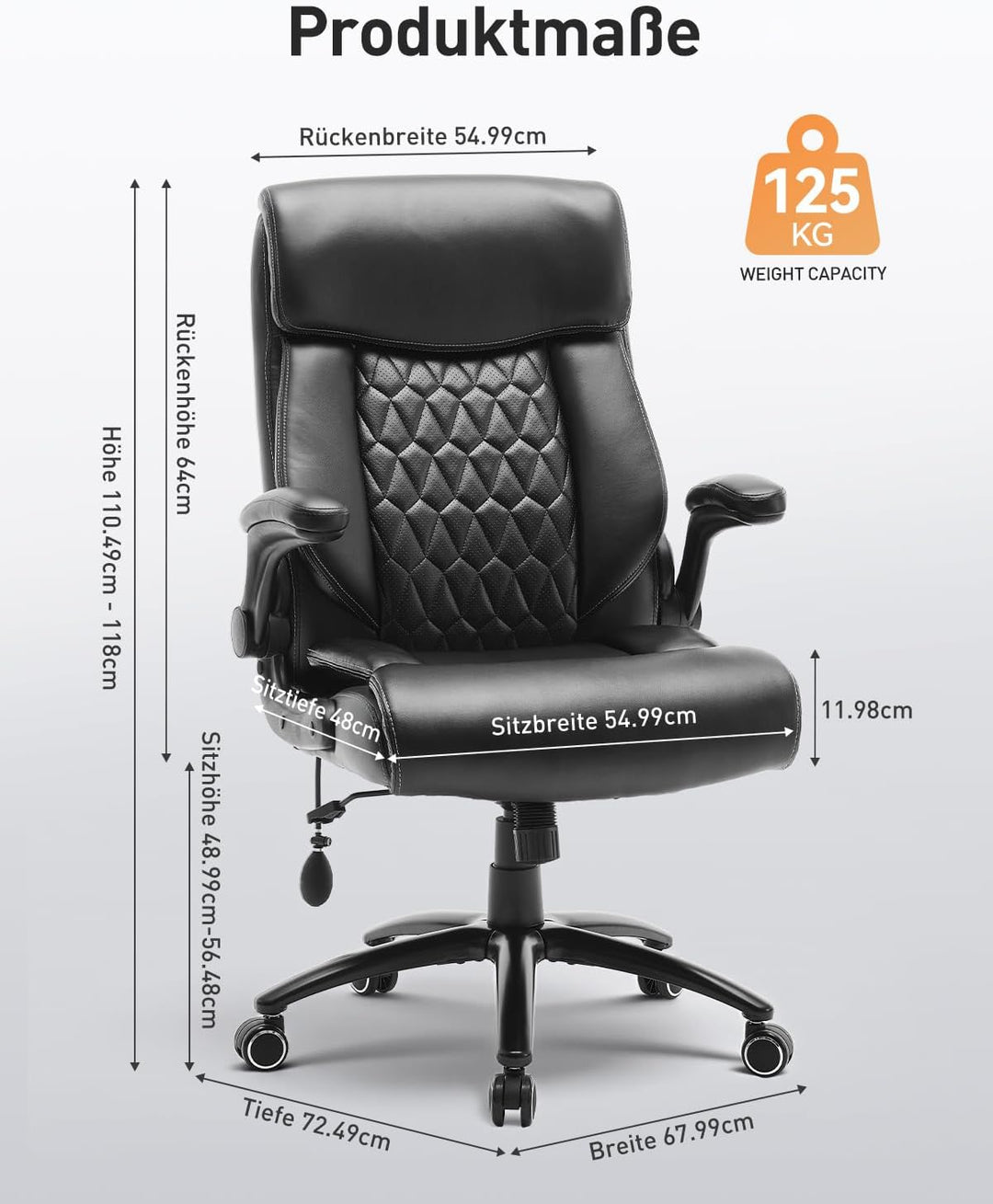 COLAMY Ergonomischer Chefsessel mit Lordosenstütze, gepolsterten Hochklapparmen und Kippverstellung