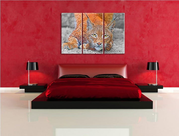 grosser wachsamer Luchs schwarz/weiss Deluxe 3-Teiler Leinwandbild 120x80 Bild auf Leinwand, XXL rie