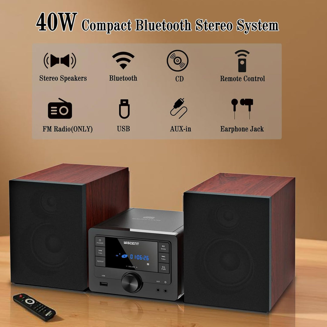 Bluetooth Stereoanlage 40W für Zuhause, CD-Player mit Wireless Streaming, USB MP3 Wiedergabe, FM Rad