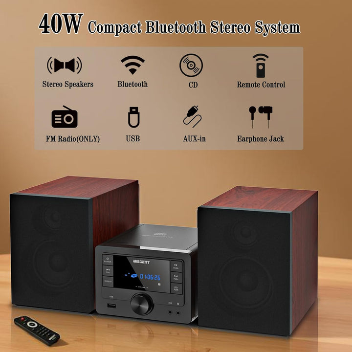 Bluetooth Stereoanlage 40W für Zuhause, CD-Player mit Wireless Streaming, USB MP3 Wiedergabe, FM Rad