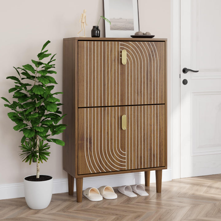 Smuxee Schuhschrank mit 2 Klappfächern, 60 cm Nussbaum Optik Schuhschrank mit Rillendesign, freisteh