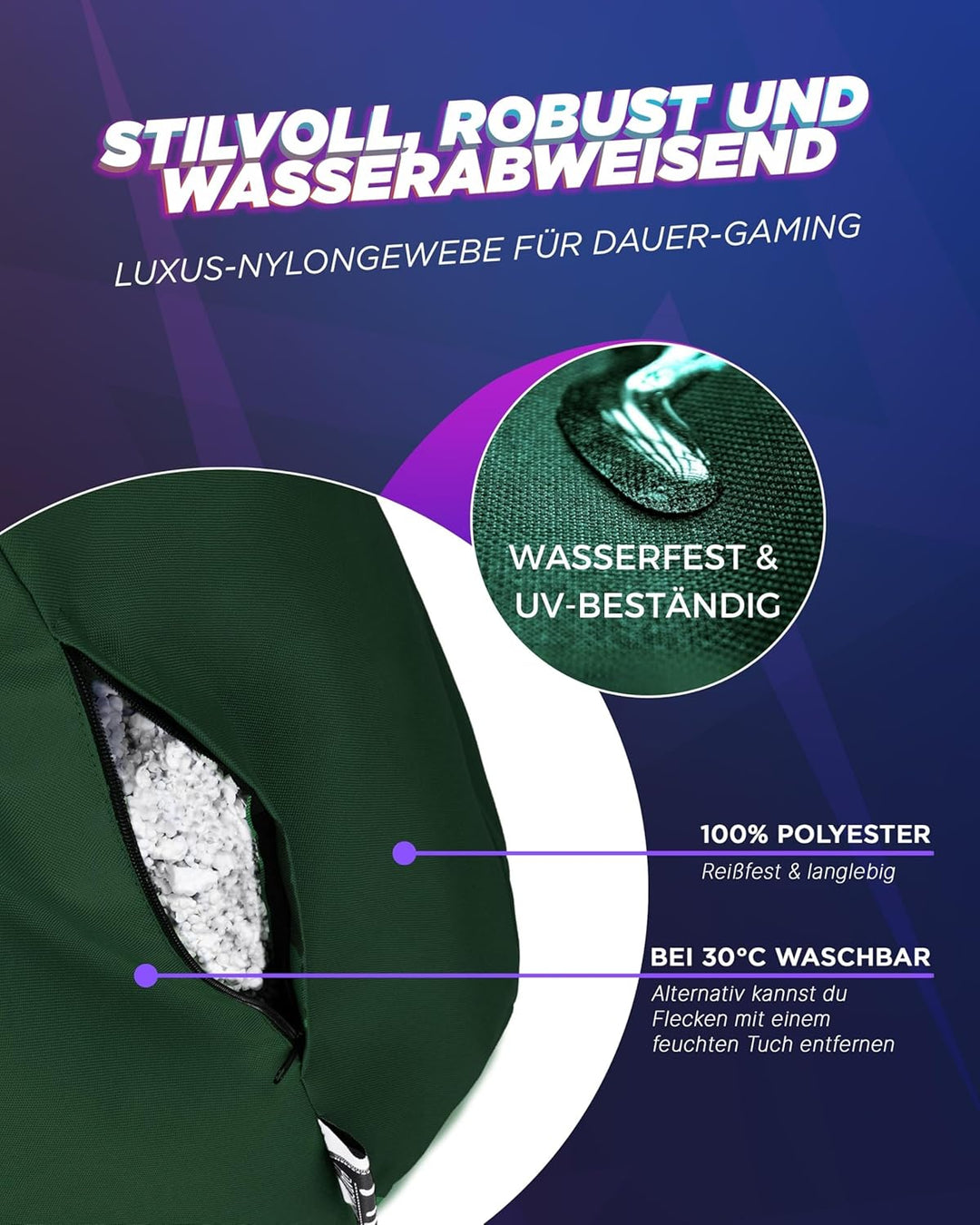 PATCH HOME Gamer Kissen & Lounge Sitzsack – befüllbar mit Reissverschluss, gefüllt mit Styropor, gee