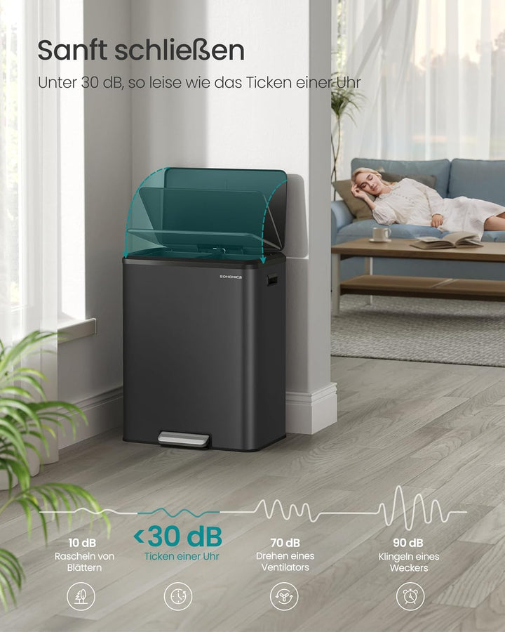 SONGMICS Mülleimer Küche, Mülltrennsystem 2 x 30 L, 2 Fächer für Recycling und Restmüll, Abfalleimer