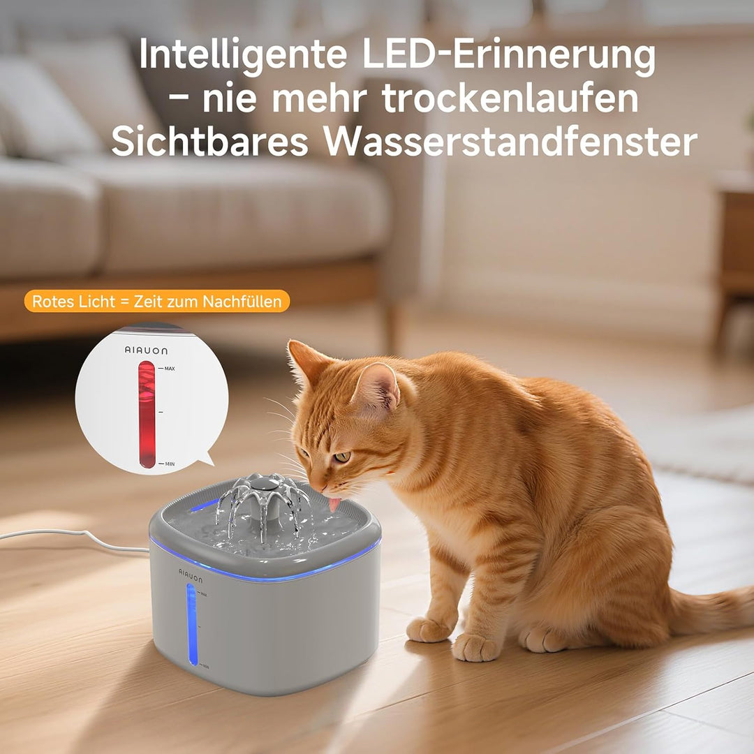 Trinkbrunnen für Katze, 2,5L Katzenbrunnen Leise mit 2 Ersatzfiltern und LED-Wasserstandsfenster für