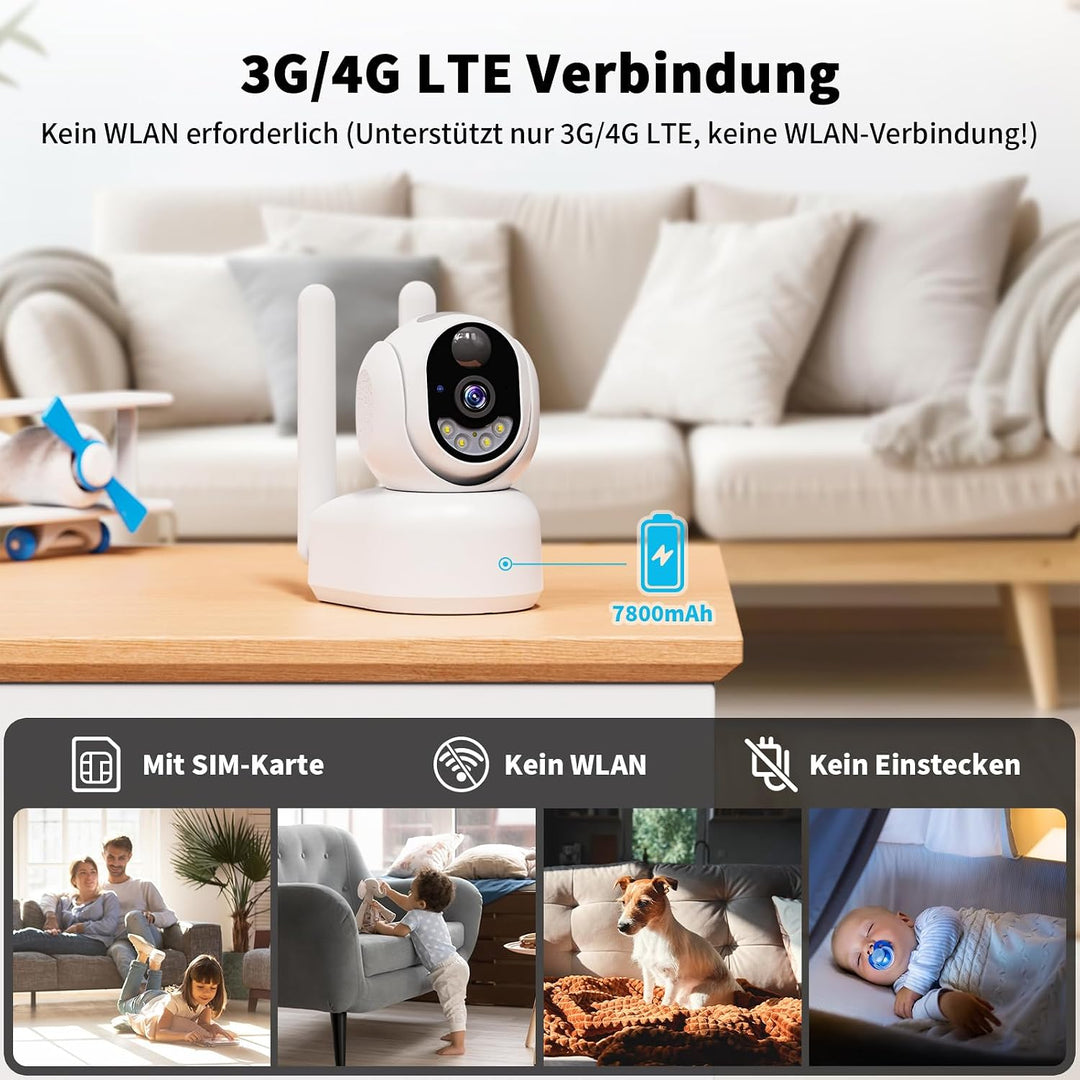 4G LTE Überwachungskamera Innen Akku mit SIM Karte, 2K PTZ Haustierkamera Ohne WLAN Indoor mit Wiede