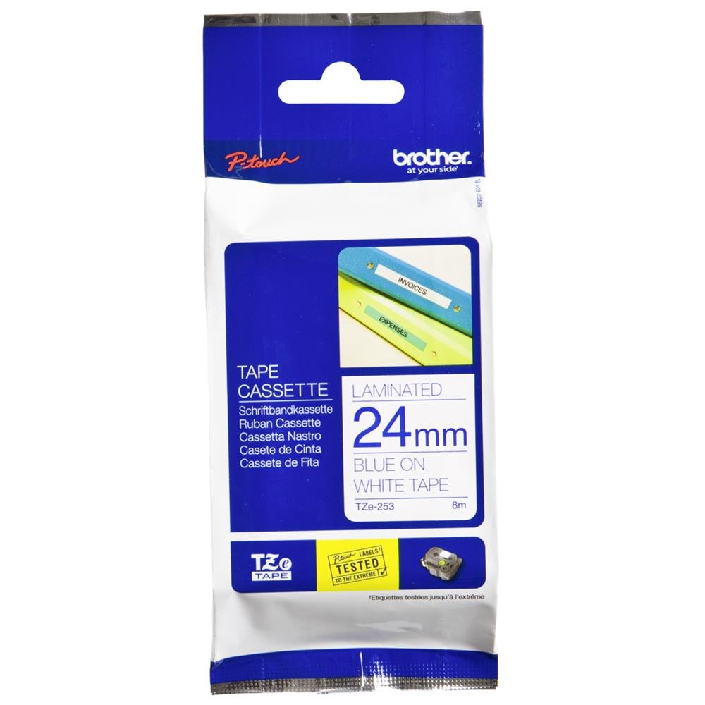 Brother Tape Blue on White 24mm Laminated Tape 24mm, Blue on, TZE253 24 mm TZe-253, 24 mm TZe-253