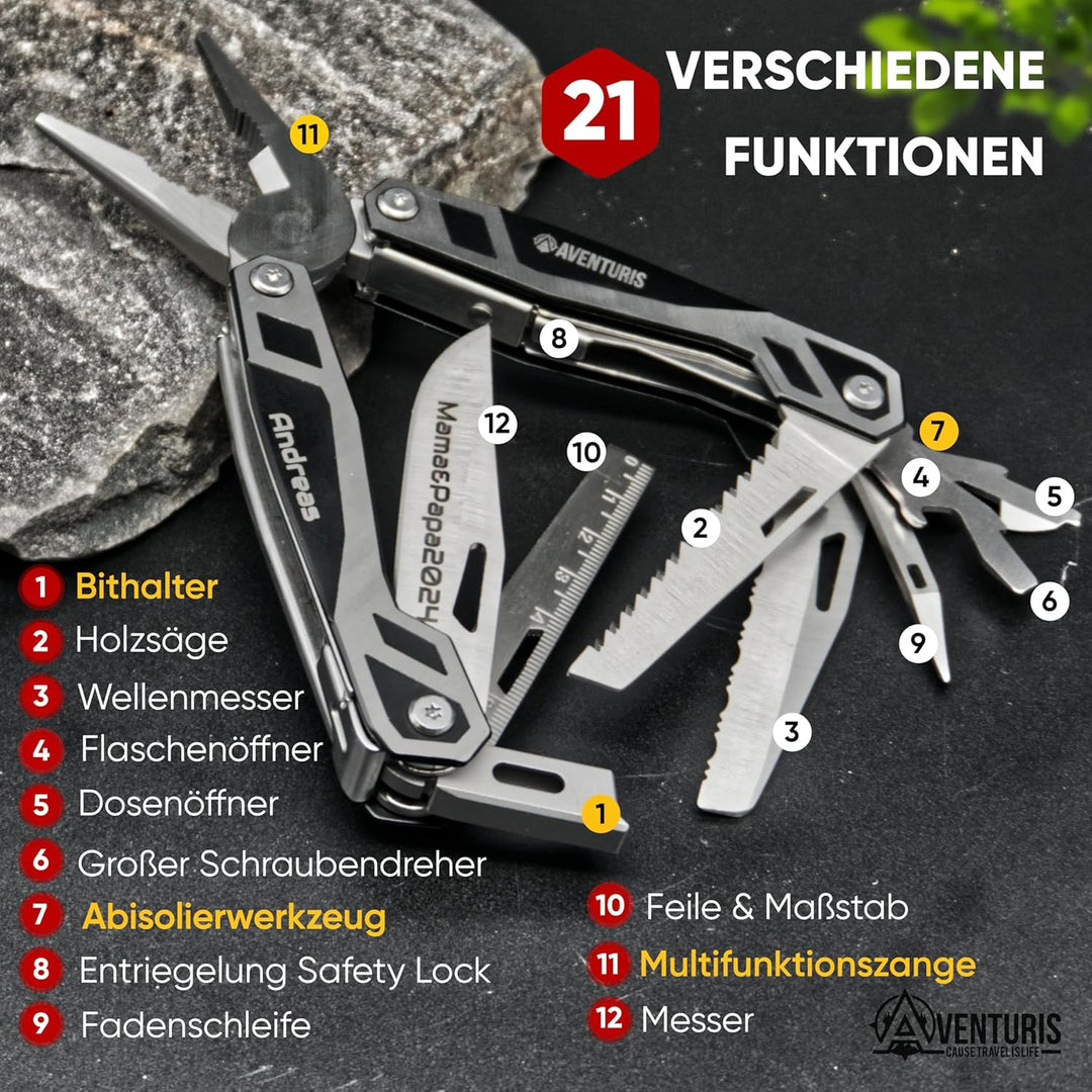 AVENTURIS® Multitool-Werkzeug -PERSONALISIERBAR- 21 Funktionen [Edelstahl] Ein Multifunktionswerkzeu
