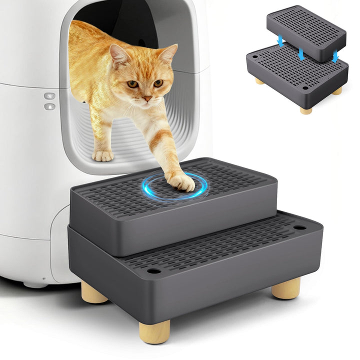 Verstellbare 2-stufige Katzentoilettenrampe, Katzen Treppen&Stufen mit Holzfüsse Filterfunktion, lei
