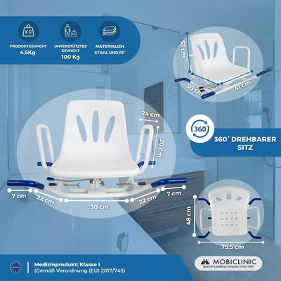 Mobiclinic, Badewannensitz Senioren, Lago, 360º drehbar, Europäische Marke, Drehstuhl Dusche, Duschs