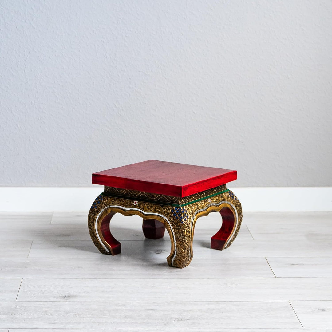 livasia Opiumtisch mit Glasmosaikverzierungen, Beistelltisch aus Holz, Nachttisch, asiatischer Hocke