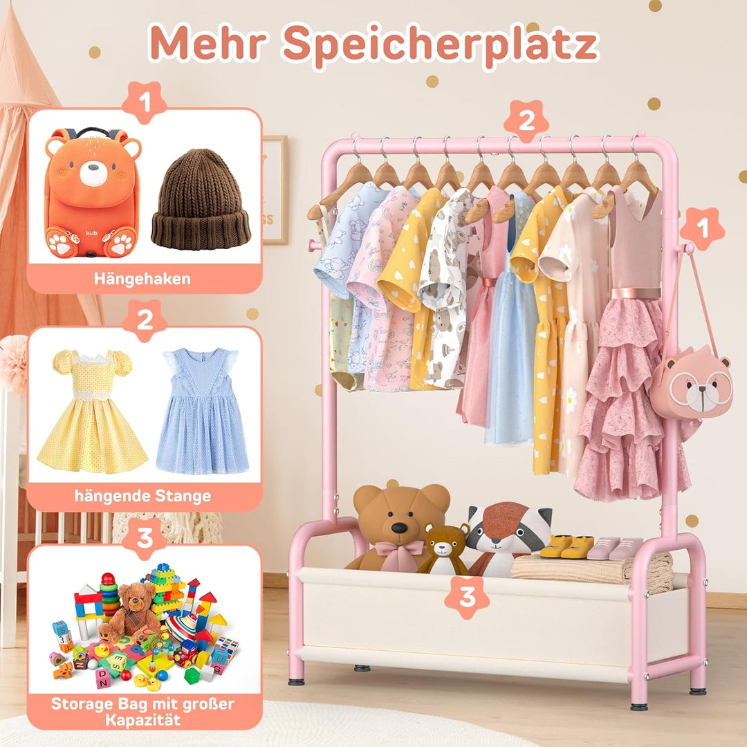 Kinder Garderobe Kleiderständer 80×30×125cm, Kinder Kleiderständer mit 2 Haken + Aufbewahrungskorb,