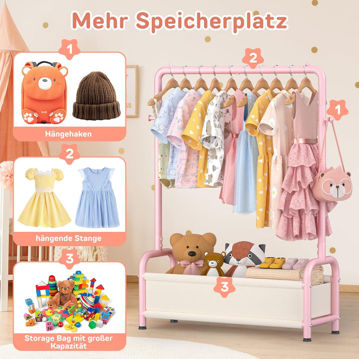 Kinder Garderobe Kleiderständer 80×30×125cm, Kinder Kleiderständer mit 2 Haken + Aufbewahrungskorb,