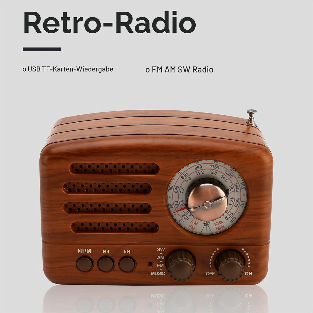 Topteng Retro Radio Bluetooth Lautsprecher, AM/FM/SW Nostalgie Radio, Kofferradio mit USB/TF-Karte,