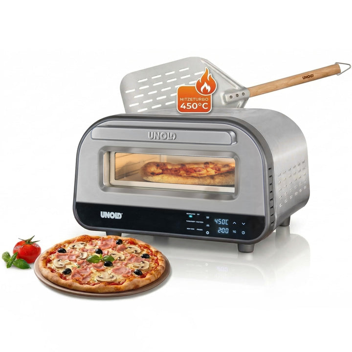 Unold Luigi Pizzaofen elektrisch 450 °C mit Pizzastein & Pizzaschieber Aluminium – Digitaler Pizzaof
