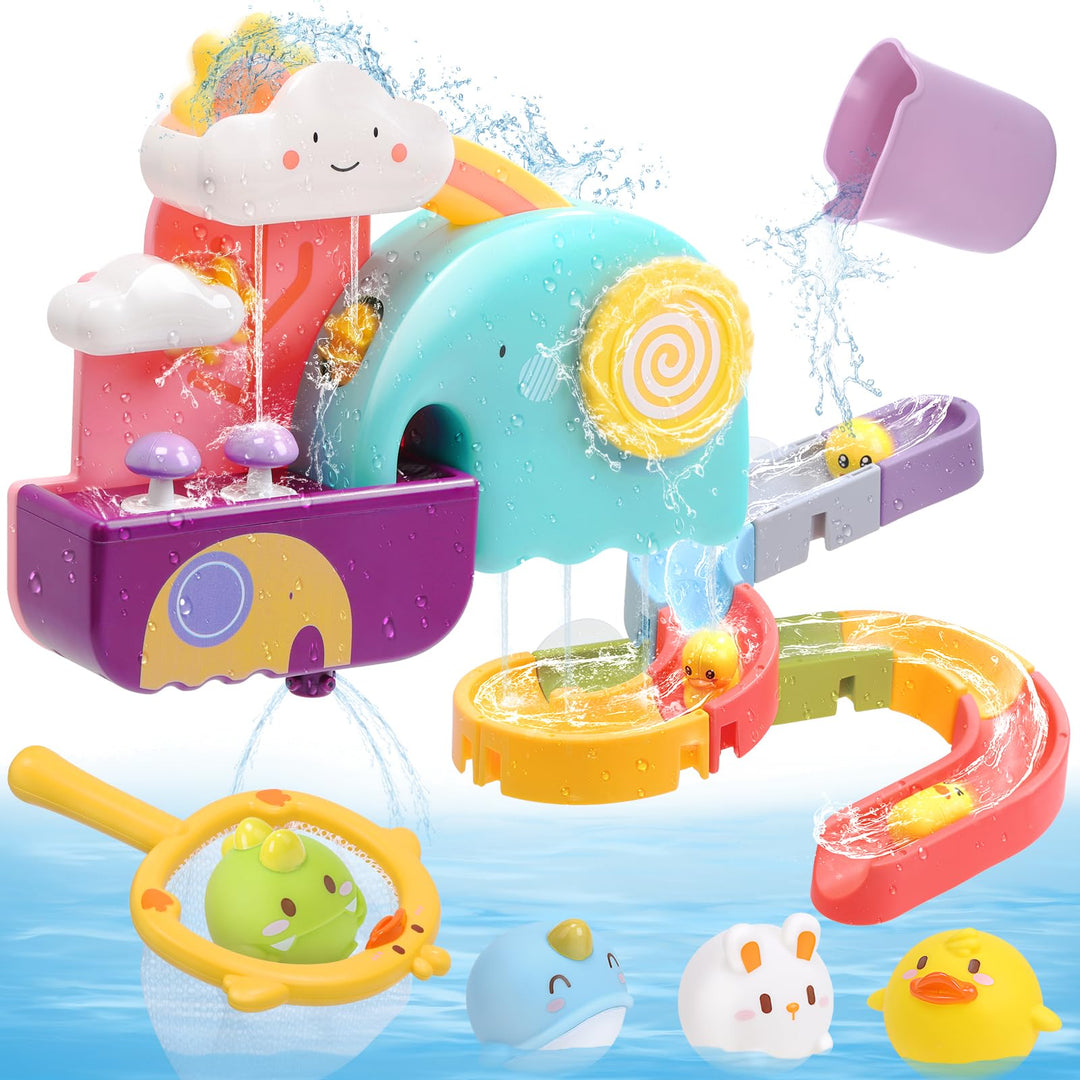 CUTE STONE Baby Badespielzeug, Badewannenspielzeug mit Wasserrutsche, schwimmendes Spritzspielzeug,