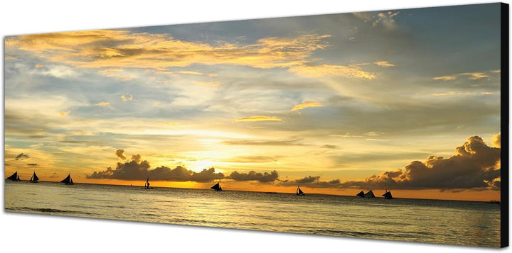 Paul Sinus Art Panoramabild auf Leinwand und Keilrahmen 120x40cm Philippinen Meer Boote Sonnenunterg