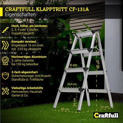 𝐂𝐑𝐀𝐅𝐓𝐅𝐔𝐋𝐋 Alu Stehleiter CF-131A | 𝟑 𝐉𝐀𝐇𝐑𝐄 𝐆𝐀𝐑𝐀𝐍𝐓𝐈𝐄 - 2-5 Stufen - Klappbar - Bis 150kg - Haushaltsl