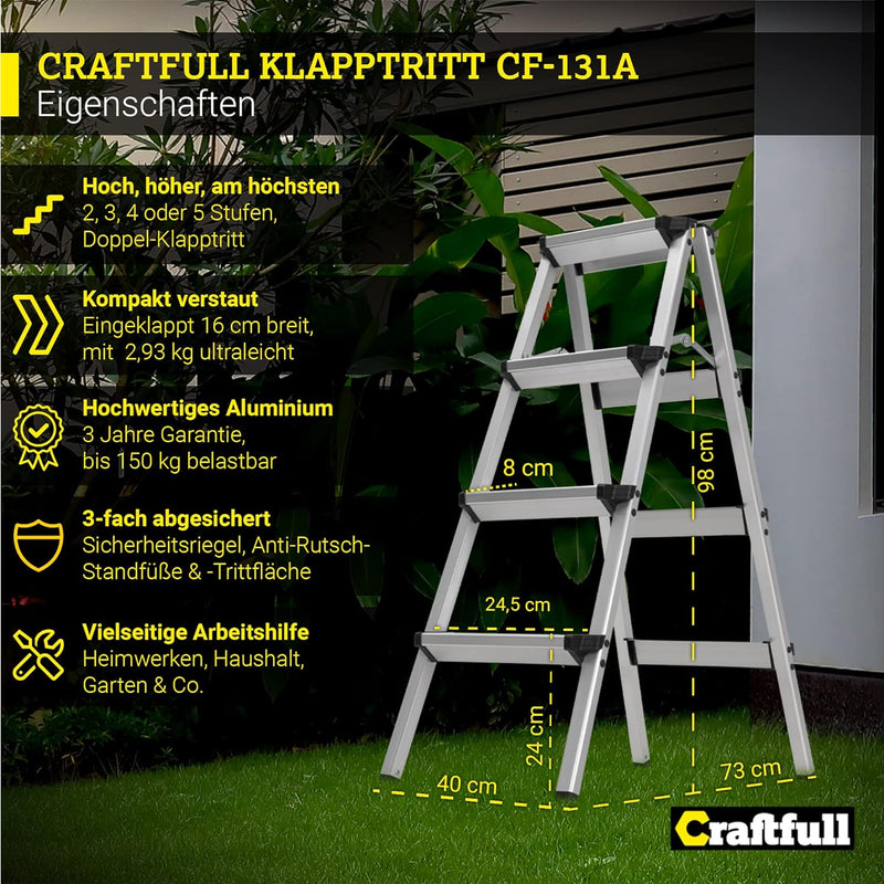 𝐂𝐑𝐀𝐅𝐓𝐅𝐔𝐋𝐋 Alu Stehleiter CF-131A | 𝟑 𝐉𝐀𝐇𝐑𝐄 𝐆𝐀𝐑𝐀𝐍𝐓𝐈𝐄 - 2-5 Stufen - Klappbar - Bis 150kg - Haushaltsl