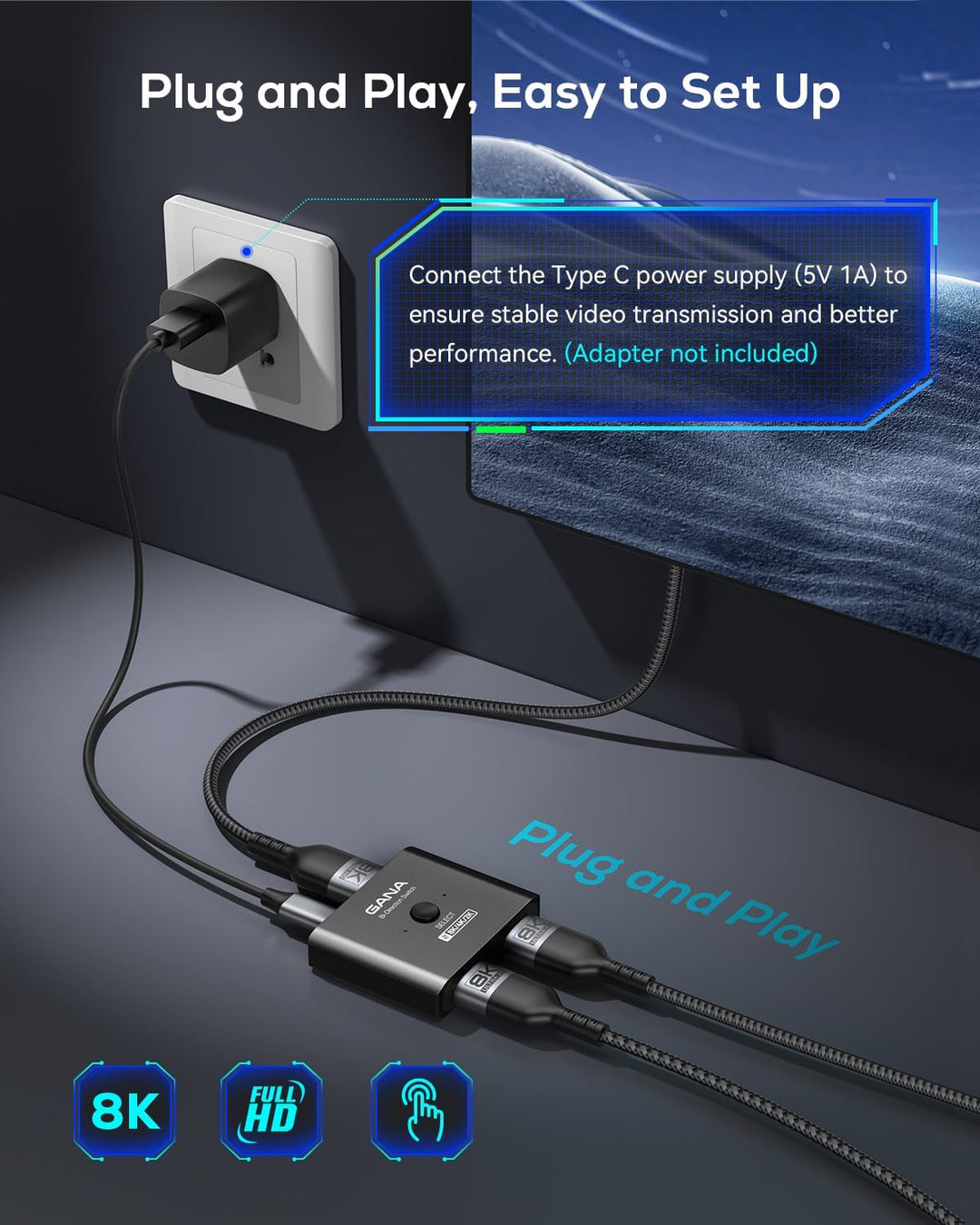 GANA HDMI 2.1 Switch, Ultra HD 8K Bidirectional Splitter, 4K@120Hz, 8K@60Hz, Aluminum Selector for P
