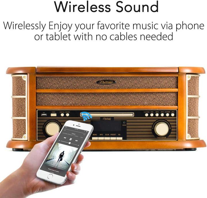 SHUMAN 8 IN 1 Holzmusik System mit Plattenspieler,CD-MP3-Player,Kabellos,USB-Anschluss,DAB, FM-Radio