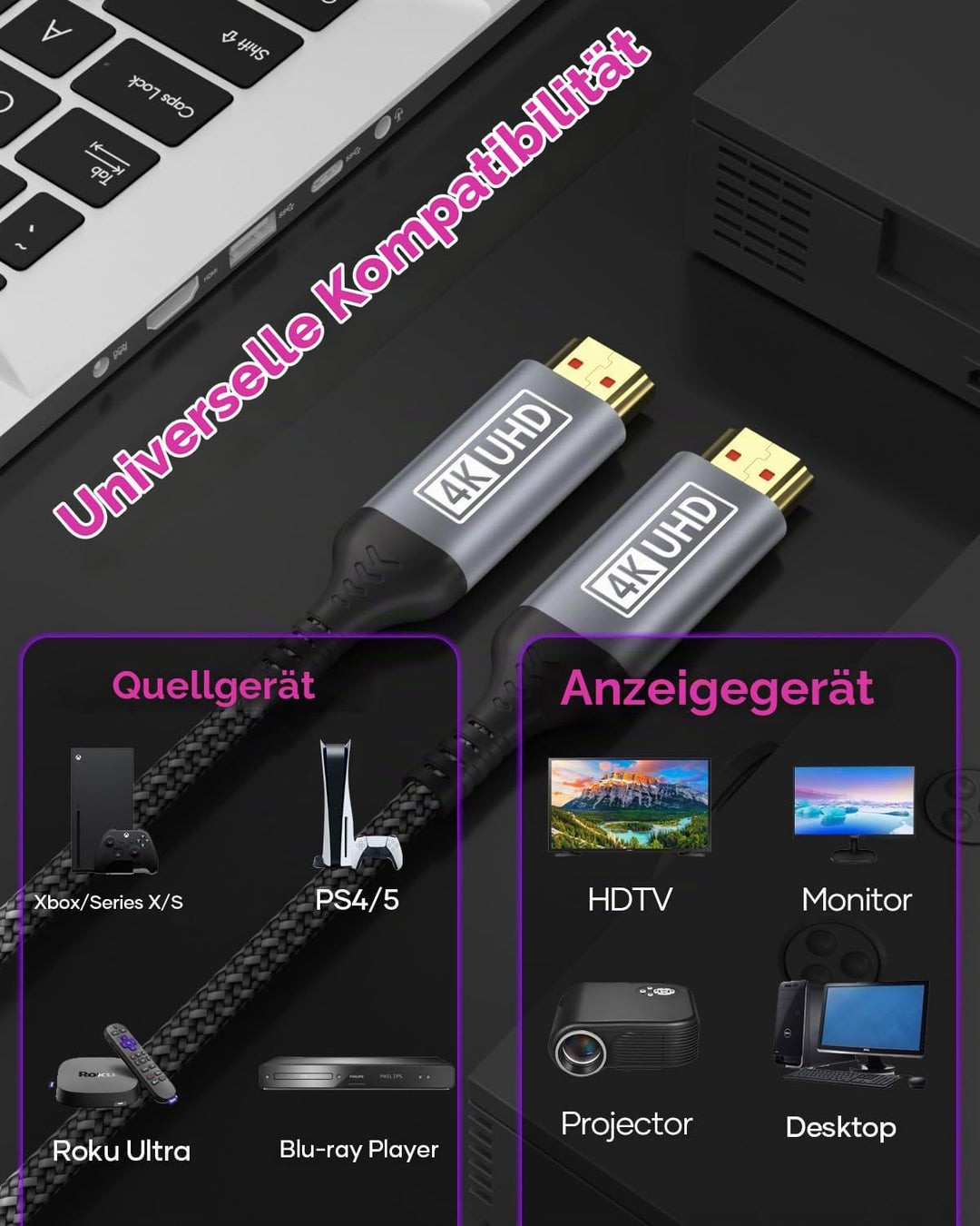 4K HDMI Kabel 10M, Ultra HDMI 2.0 Kabel High Speed 18Gbps Unterstützung HDR, HDCP2.2, Ethernet, 3D,
