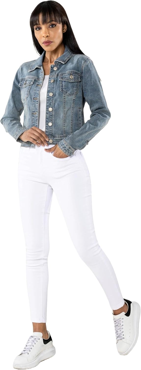Nina Carter S338 Damen Jeansjacke Übergangsjacke Leichte Waschungseffekt Jacke Blau Denim Casual S V